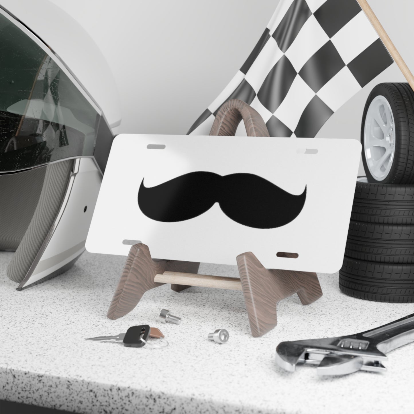 Mustache Ride White Vanity Plate