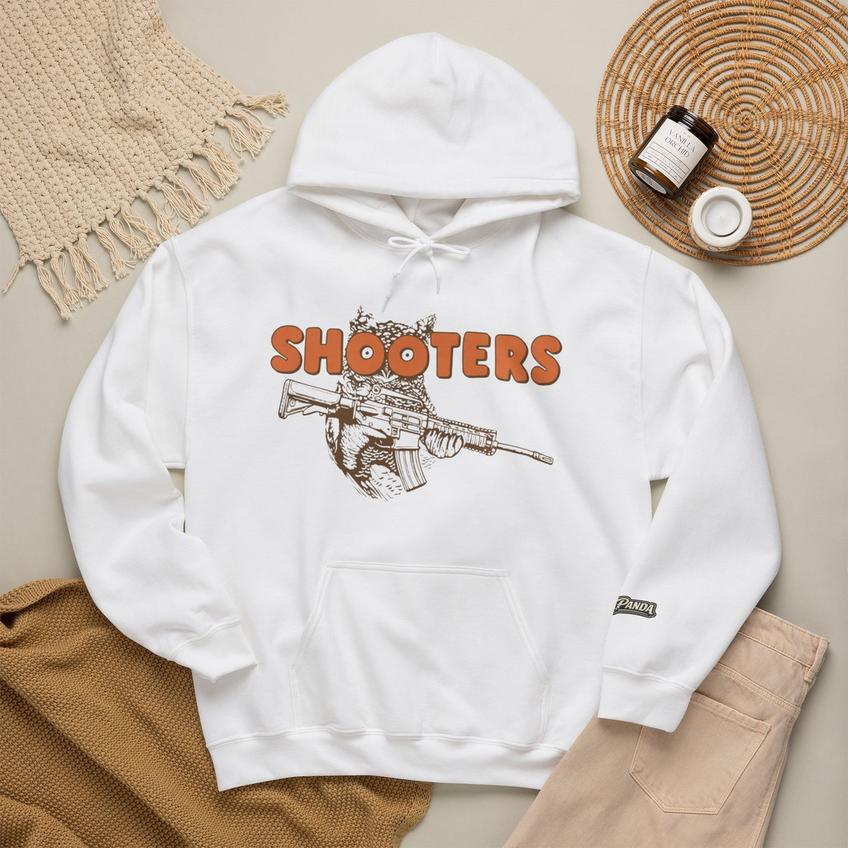 White Shooters hoodie, front view with owl and rifle graphic