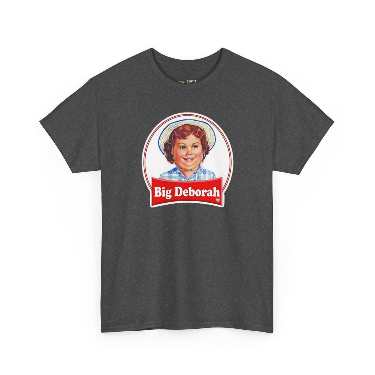 Big Deborah cotton T-shirt in dark gray, front view with portrait graphic and red Big Deborah banner