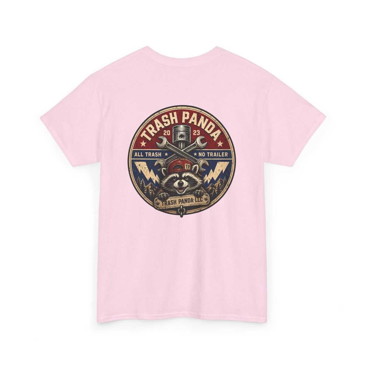 Trash Panda cotton T-shirt in light pink, back view with large circular raccoon graphic