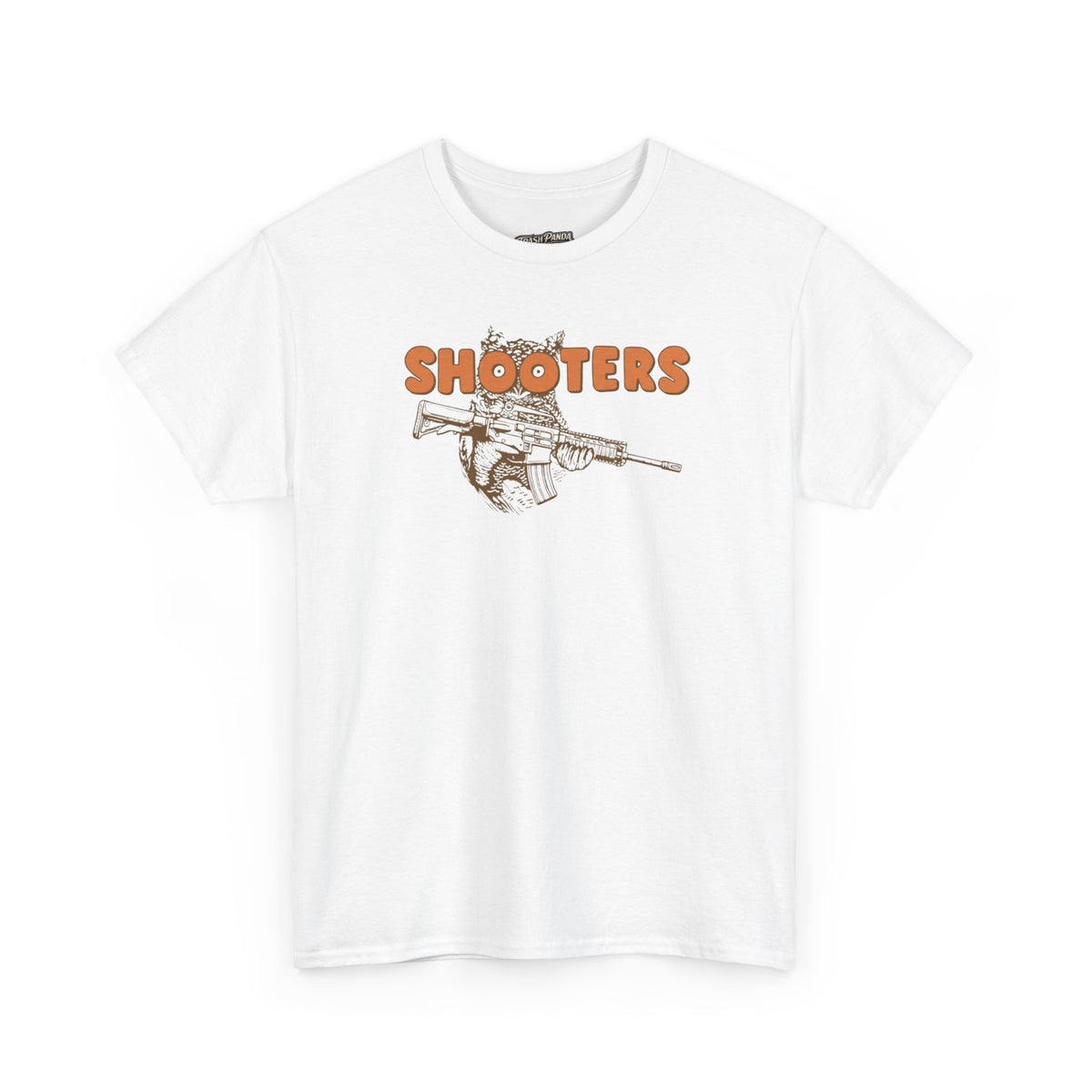 White Shooters T-shirt, front view with owl and rifle graphic