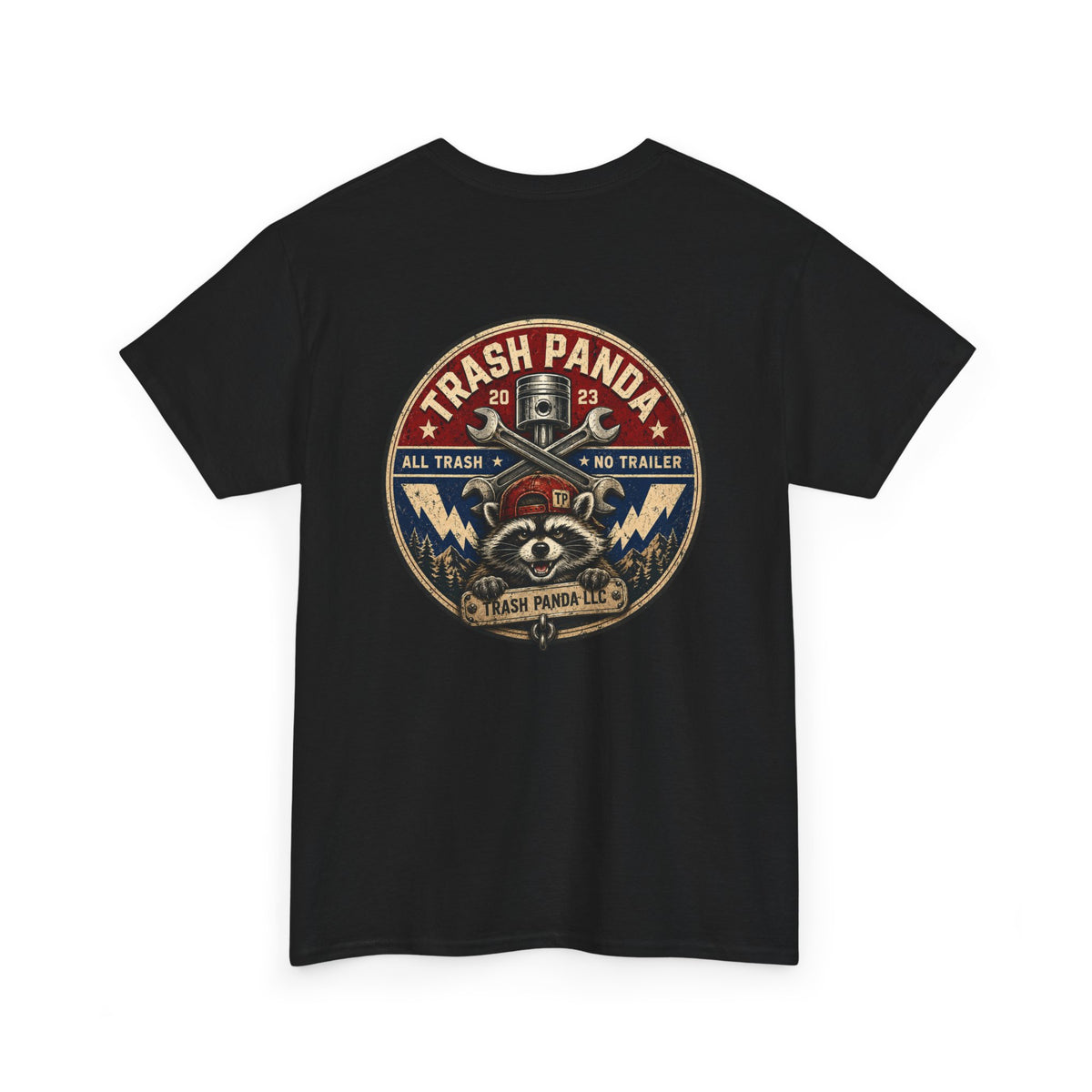Trash Panda cotton T-shirt in black, back view with large circular raccoon graphic