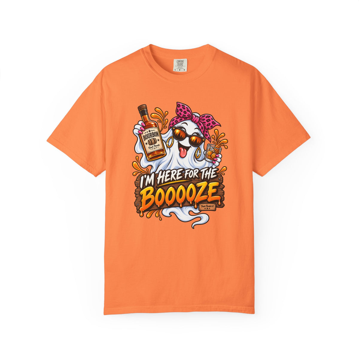 Here For The Booooze Bourbon ladies T-shirt in Melon, front view with a bow-wearing ghost holding bourbon and a glass