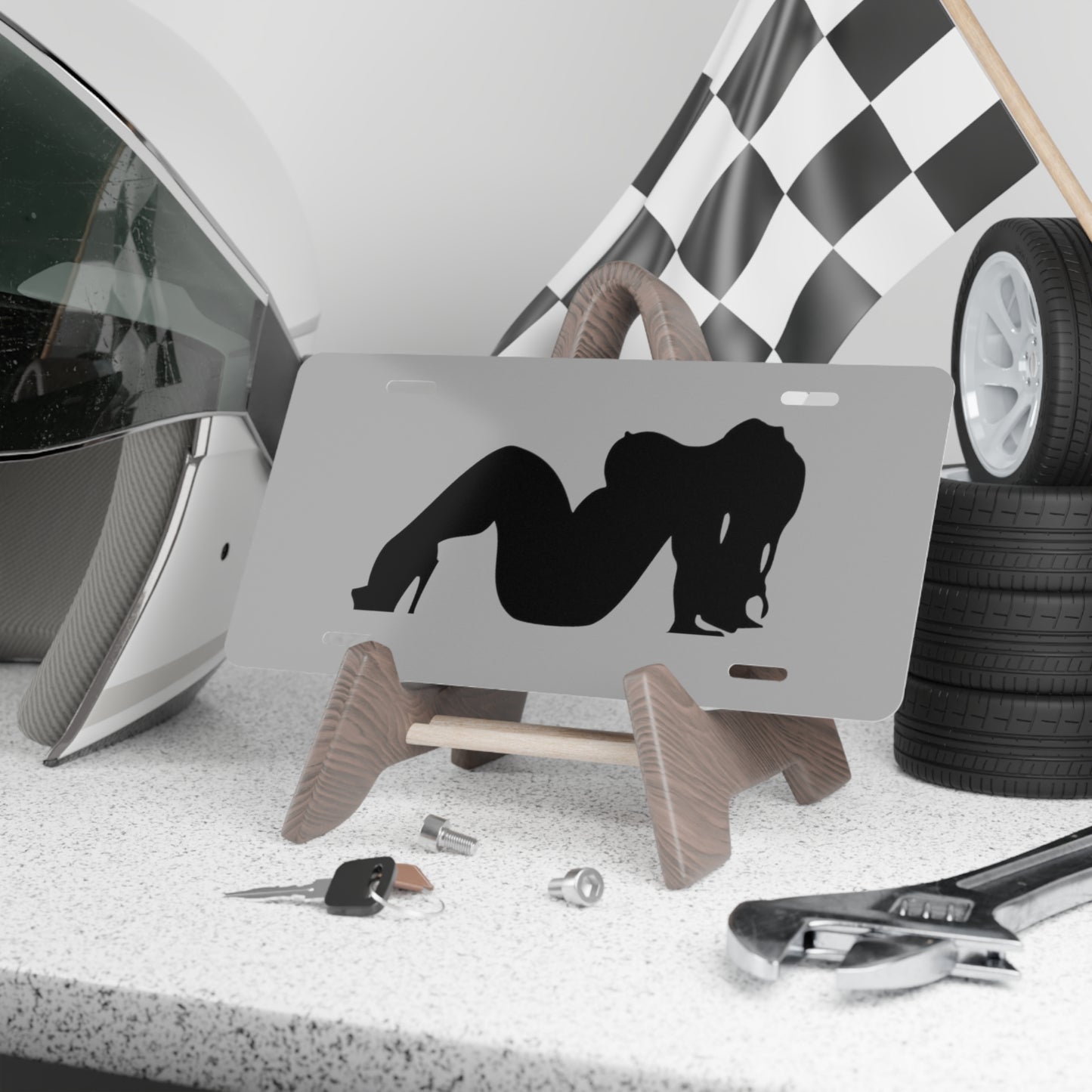 Curvy Trucker Girl Grey Vanity Plate