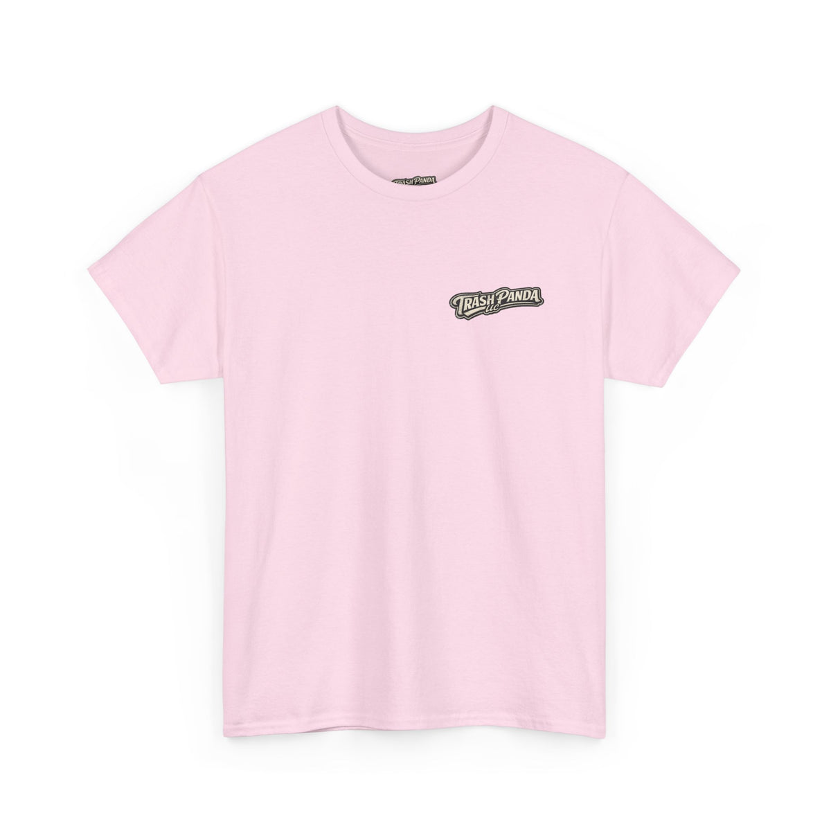 Trash Panda cotton T-shirt in light pink, front view with small chest logo