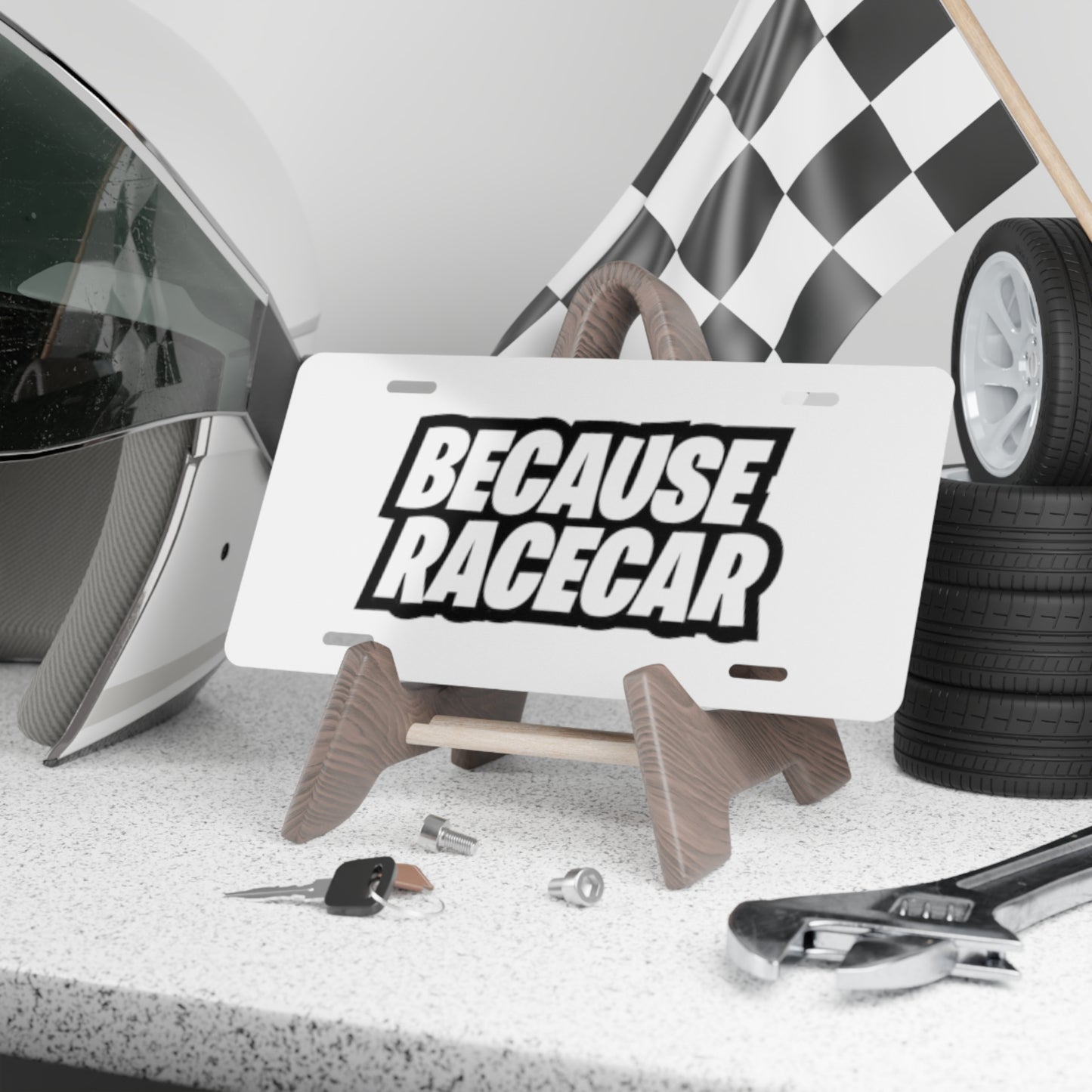 Because Racecar White Vanity Plate