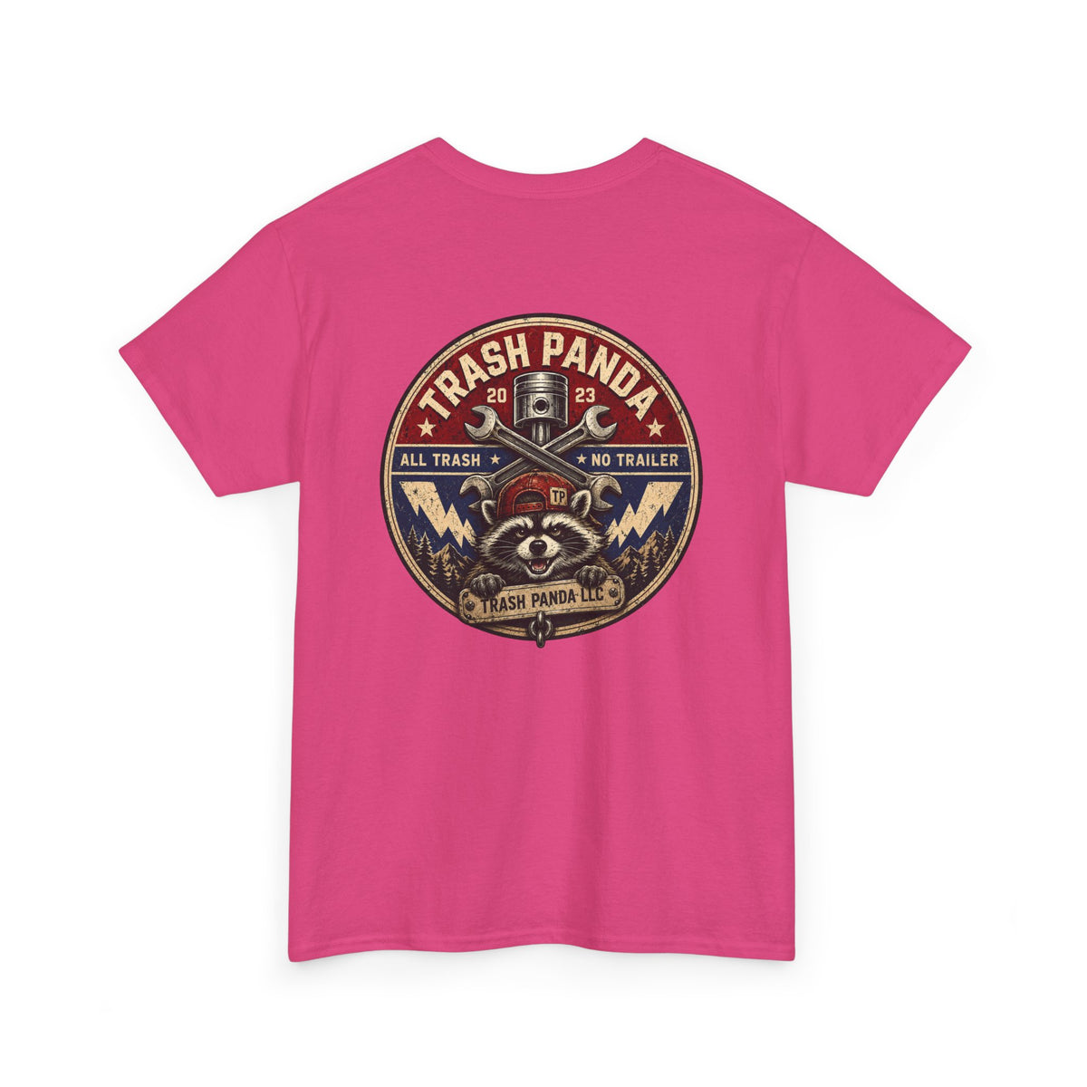Trash Panda cotton T-shirt in hot pink, back view with large circular raccoon graphic