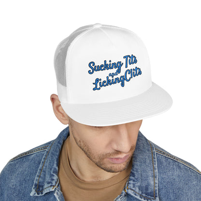 Sucking Ts and Licking Cs (Blue Thread) Panel Trucker Cap (Embroidery)