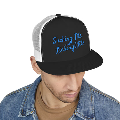 Sucking Ts and Licking Cs (Blue Thread) Panel Trucker Cap (Embroidery)