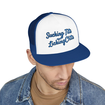 Sucking Ts and Licking Cs (Blue Thread) Panel Trucker Cap (Embroidery)