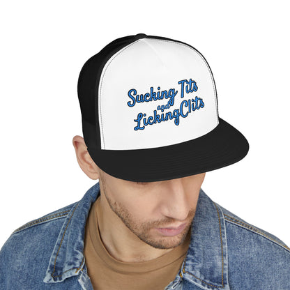 Sucking Ts and Licking Cs (Blue Thread) Panel Trucker Cap (Embroidery)