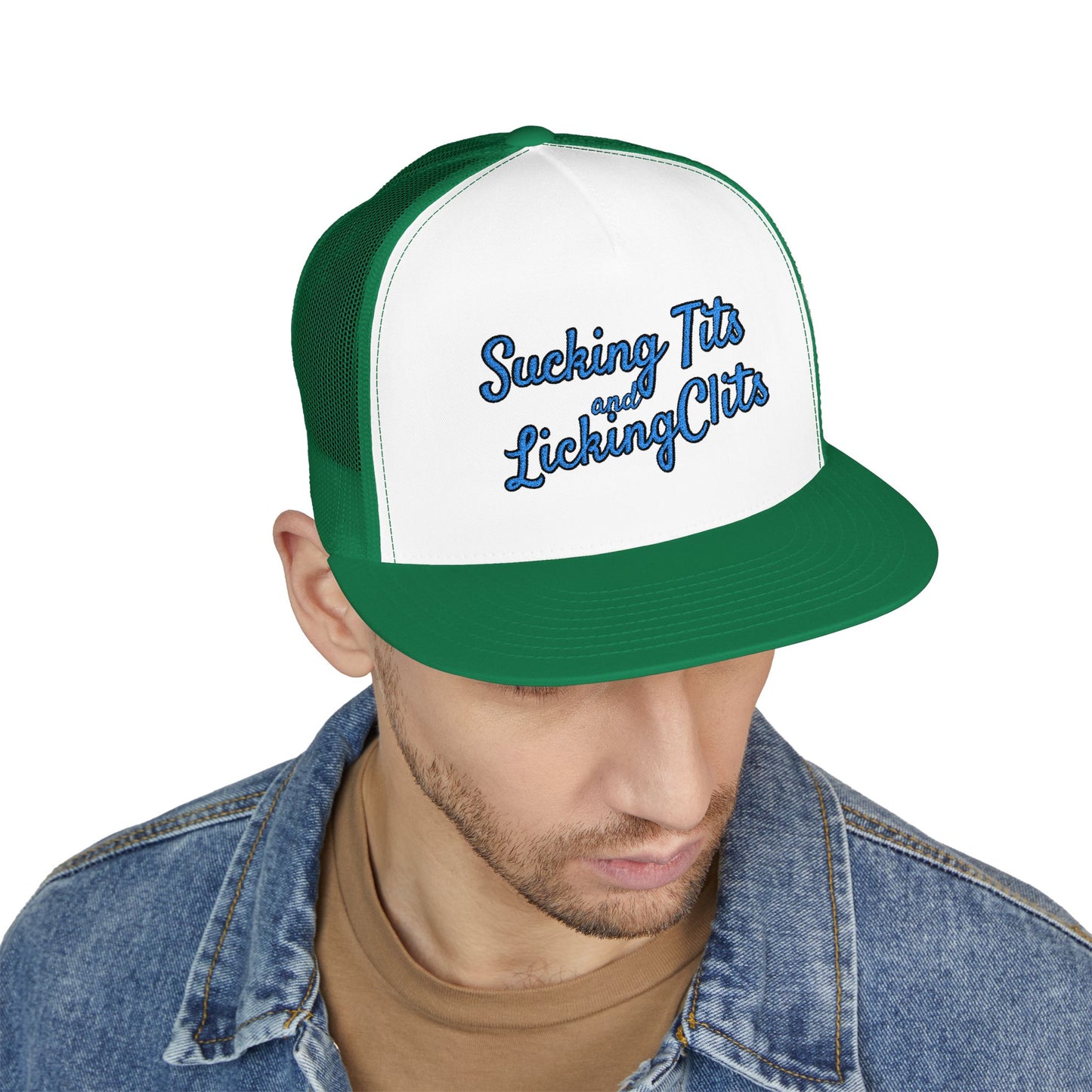 Sucking Ts and Licking Cs (Blue Thread) Panel Trucker Cap (Embroidery)