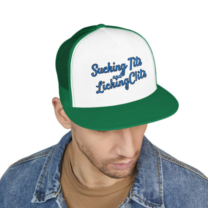 Sucking Ts and Licking Cs (Blue Thread) Panel Trucker Cap (Embroidery)