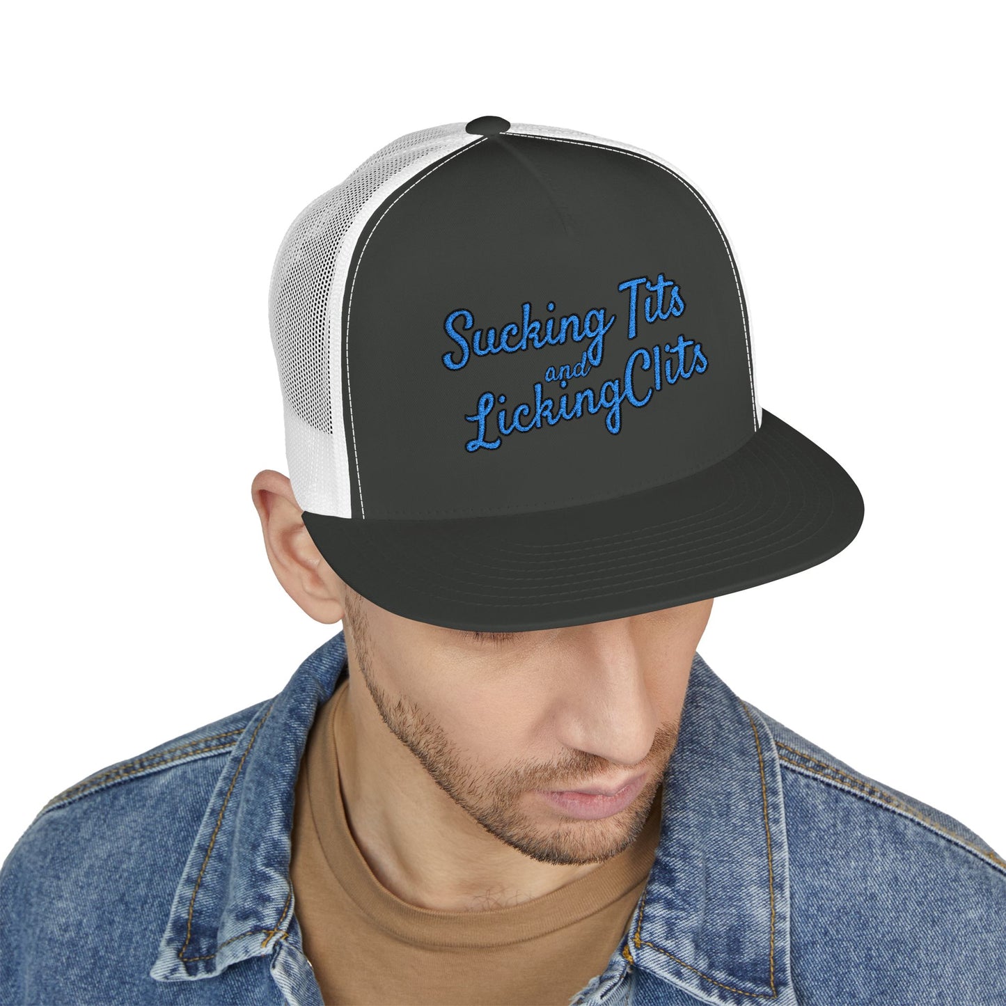 Sucking Ts and Licking Cs (Blue Thread) Panel Trucker Cap (Embroidery)