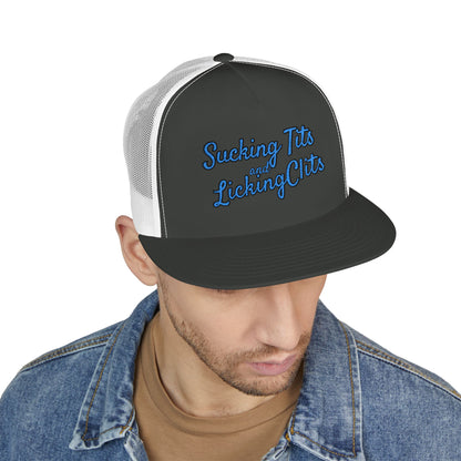 Sucking Ts and Licking Cs (Blue Thread) Panel Trucker Cap (Embroidery)