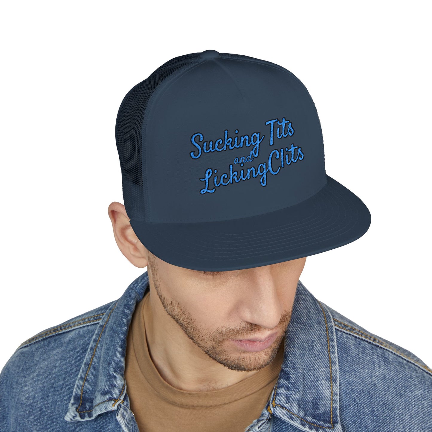 Sucking Ts and Licking Cs (Blue Thread) Panel Trucker Cap (Embroidery)