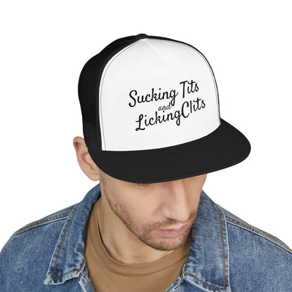 Sucking Ts and Licking Cs (Black Thread) Panel Trucker Cap (Embroidery)