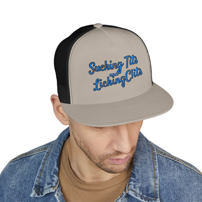 Sucking Ts and Licking Cs (Blue Thread) Panel Trucker Cap (Embroidery)