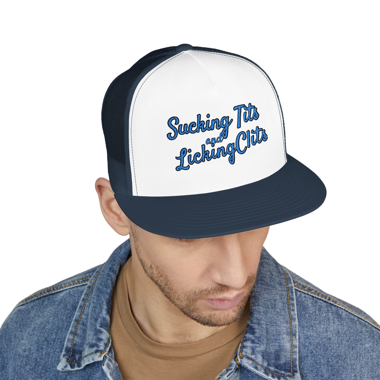 Sucking Ts and Licking Cs (Blue Thread) Panel Trucker Cap (Embroidery)