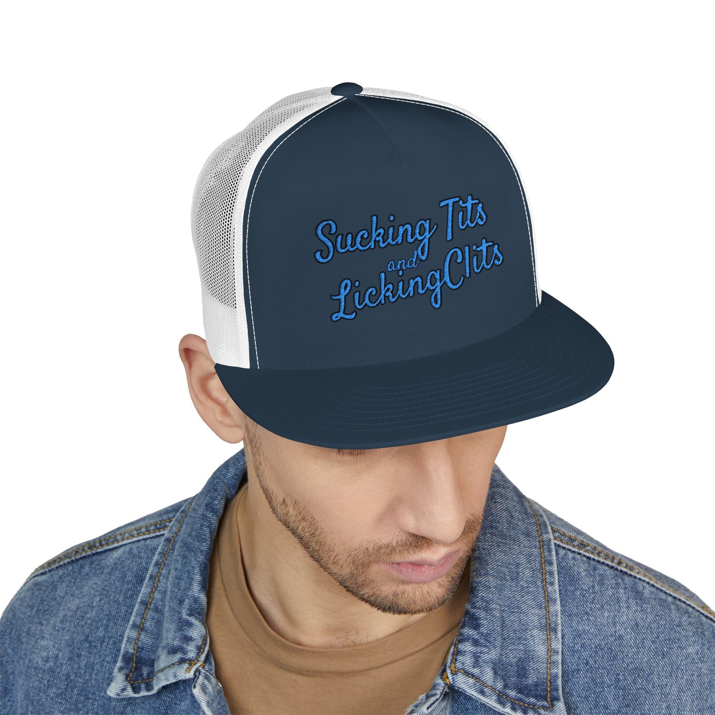 Sucking Ts and Licking Cs (Blue Thread) Panel Trucker Cap (Embroidery)