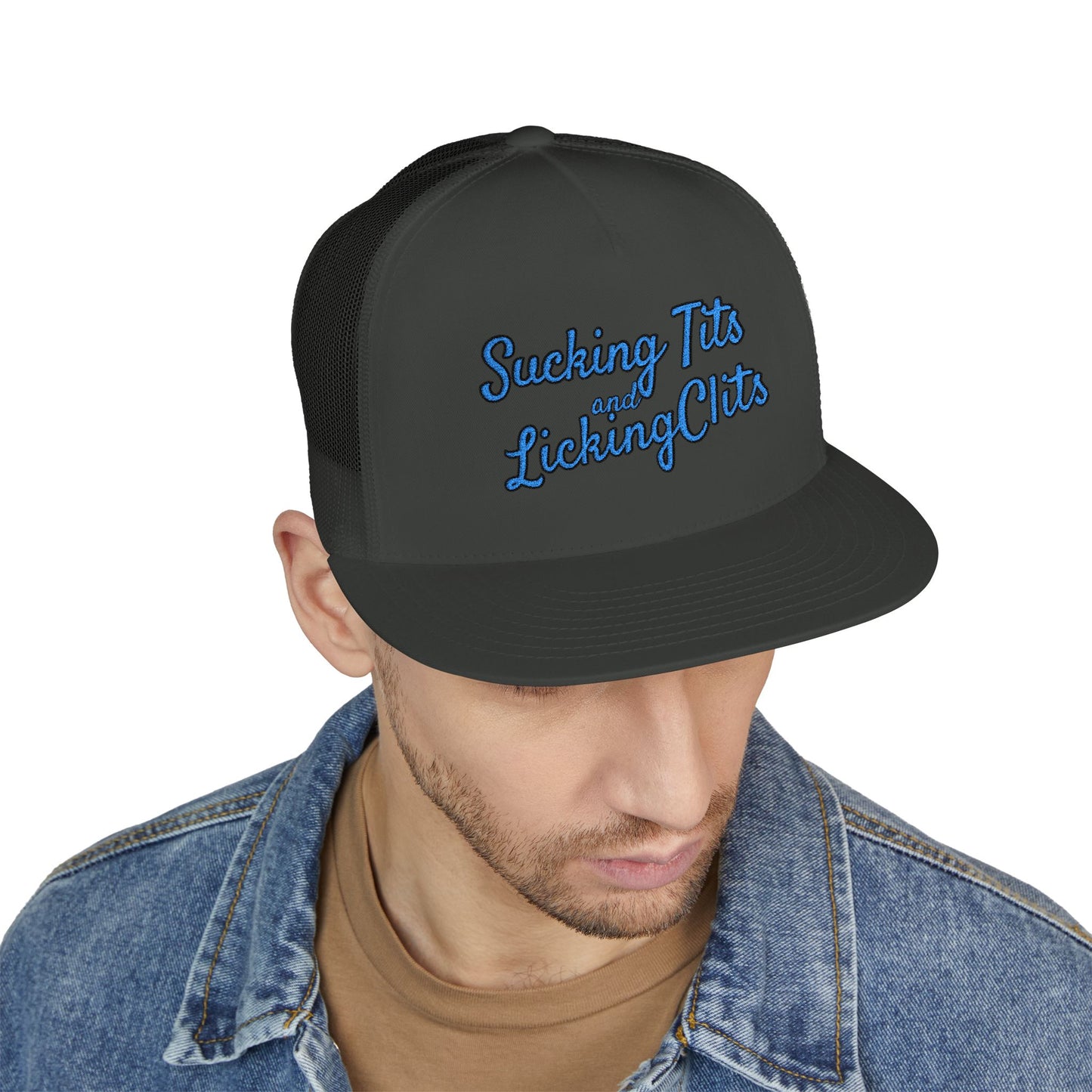 Sucking Ts and Licking Cs (Blue Thread) Panel Trucker Cap (Embroidery)