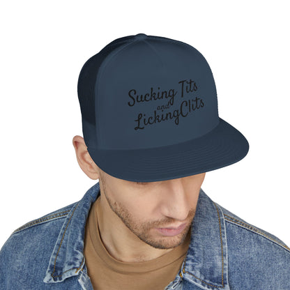 Sucking Ts and Licking Cs (Black Thread) Panel Trucker Cap (Embroidery)