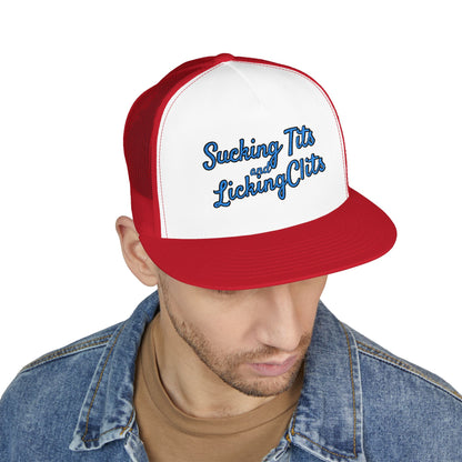 Sucking Ts and Licking Cs (Blue Thread) Panel Trucker Cap (Embroidery)