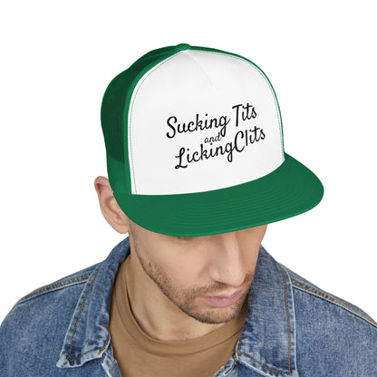Sucking Ts and Licking Cs (Black Thread) Panel Trucker Cap (Embroidery)