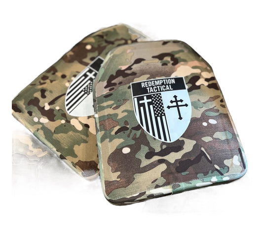 Pair of 10x12 Level IV Ceramic PE Plates Ballistic FRONT AND BACK (SIZE SMALL to LARGE) Curved with Shooters Cut